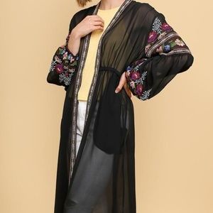 Umgee Black Embroidered Sheer Duster Cardigan